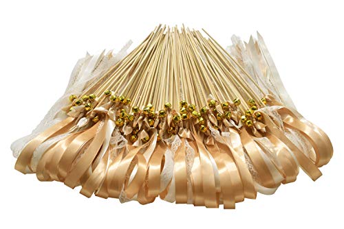 Kingsnow 50 Pack Champagne Lace Ribbon Wands Party Streamers with Bells Silk Fairy Stick Wand Party Favors for Wedding Send off Party Activities Baby Shower Holiday Celebration - Thumbnail 6