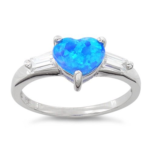 Silvercloseout Sterling Silver Created Blue Opal Heart Ring - Size 8 #TOP1
