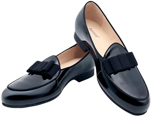 Image of Justar Men's Black Tuxedo Shoes Belgian Loafers Slip-on Patent Leather Dress Shoes Prom Shoes