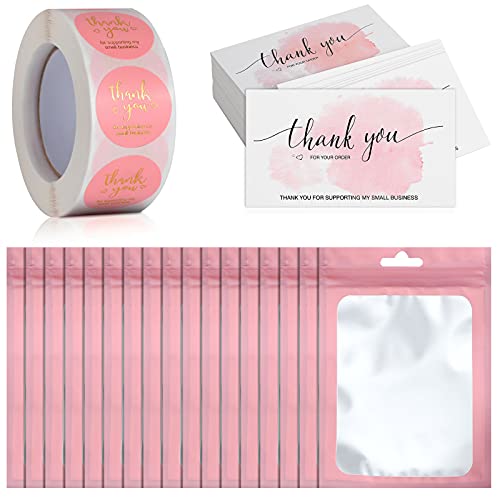 Kit de cartes de remerciement et stickers roses avec film doré pour emballage de boutique