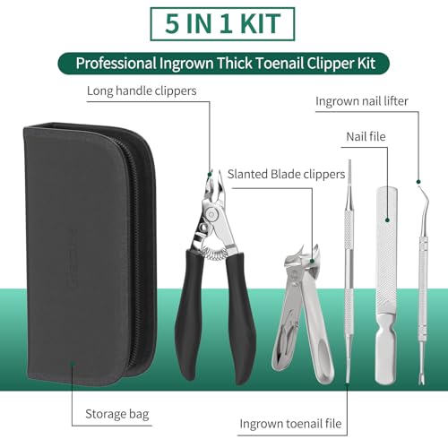 Glamne Cortaúñas 5 en 1 para personas mayores con uñas gruesas y encarnadas, kit de pedicura profesional con cortador de uñas de mango largo, hoja curvada inclinada, lima de uñas y levantador, juego - imagen 2