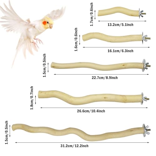Image of Woohome 5 PCS Natural Wood Perches in Curved Shape for Parrot, Wooden Bird Parrot Stand Cage Perch Accessories for Small Birds Budgies Cockatiels Conure Lovebirds