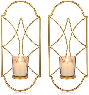 Sziqiqi Metal Wall Sconce Candle Holder Decor Set of 2 Wall Mounted Candle Sconces Holders with Glass, Candle Sconces Holder for Wall, Home Wall Art for Living Room Fireplace Yard Pathway, Gold