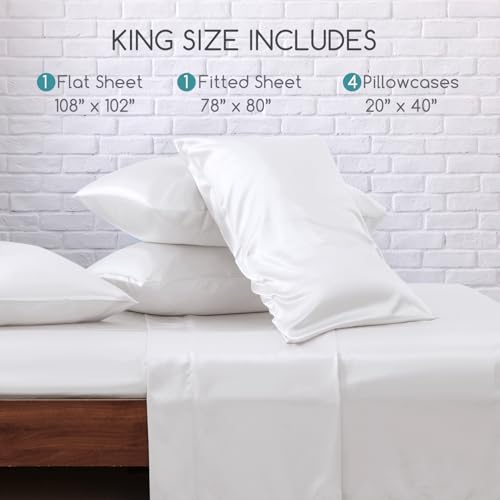 Image of MR&HM Satin Bed Sheets, King Size Sheets Set, 6 Pcs Silky Bedding Set with 15 Inches Deep Pocket for Mattress (King, White)