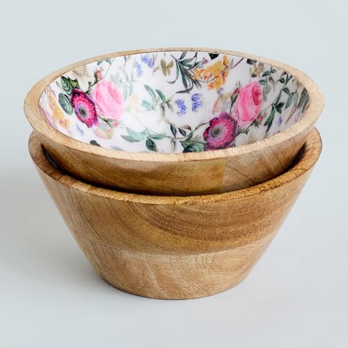 Image of SAAGA Mango Wood Nuts Bowl Set of 2-6 x 3 Inch Decorative Wooden Snack & Dry Fruit Bowls | Soup & Serving Katori for Kitchen - Red Violet