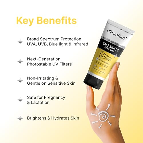 Image of D'Radiant+ Safe Shield Sunscreen SPF 50 PA++++ | Broad Spectrum UVA, UVB, Blue Light, Infrared Protection | Modern Uv Filters | Lightweight, Brightening Effect | Dermatologically & Clinically Tested (50ml)