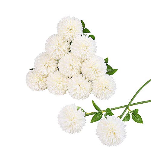 Tifuly 12 pcs Artificial Chrysanthemum Ball Flowers Bouquets for Bride Single Stem Plastic Hydrangea Silk Flowers for Wedding Bouquets Centerpieces Arrangements Party Home Garden Decor(White)