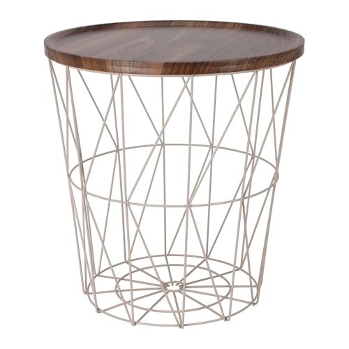 Spetebo Cesta auxiliar de metal de 39 cm, color crema, mesa de mimbre con aspecto de madera, mesa decorativa en color marrón, con cesta de almacenamiento, mesa de café, mesa decorativa con