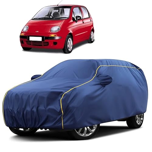 Image of Sulfar 100% Water Resistant Car Body Cover Compatible with Mirror for Daewoo Matiz (Triple Stitched, Full Bottom Elastic, Blue Taffeta with Yellow Piping)