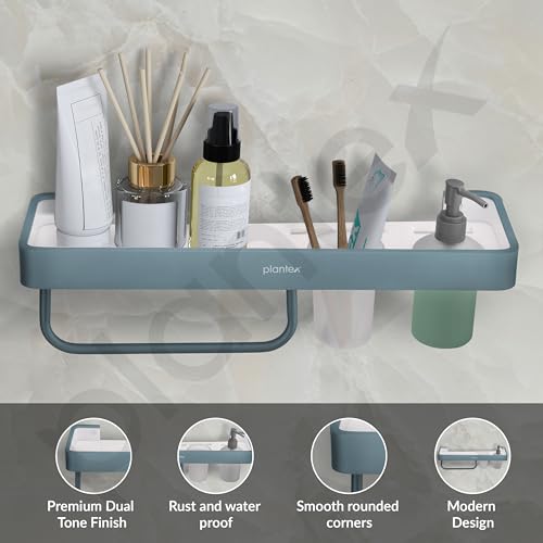 Image of Plantex 4in1 Shelf for Bathroom /Aluminium and Acrylic Shelf with Tumbler Holder, Liquid Soap Dispenser and Napkin Space /Bathroom Organizer with Drill-Pack of 1(Grey and Milky White)