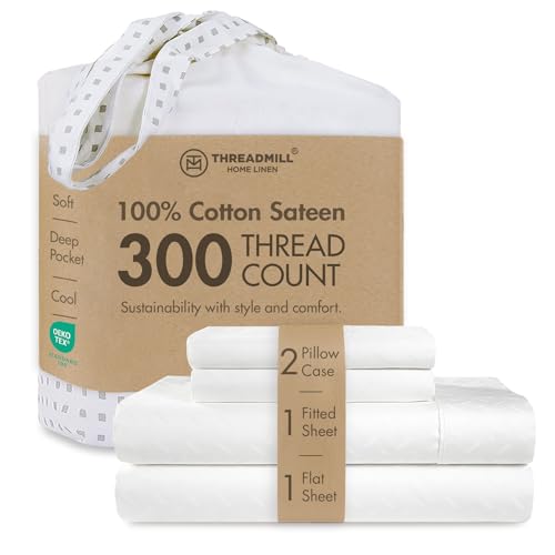 Image of Threadmill 300 Thread Count Cotton King Sheet Set, Sateen, Damask, White | 100% Cotton, Sateen Weave, Damask Pattern, 4-Piece Set, 16 inch Deep Pocket, Fade-Resistant, Breathable, All-Season, Lightweight