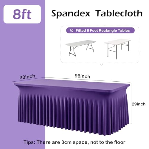 Image of NSSONBEN 2 pk Purple Spandex Tablecloth for 8 Foot Rectangle Tables,Wrinkle Free Fitted Spandex Table Covers 8ft Stretch Table Cloths with Ruffle Skirt for Parties Weddings Banquet Baby Shower