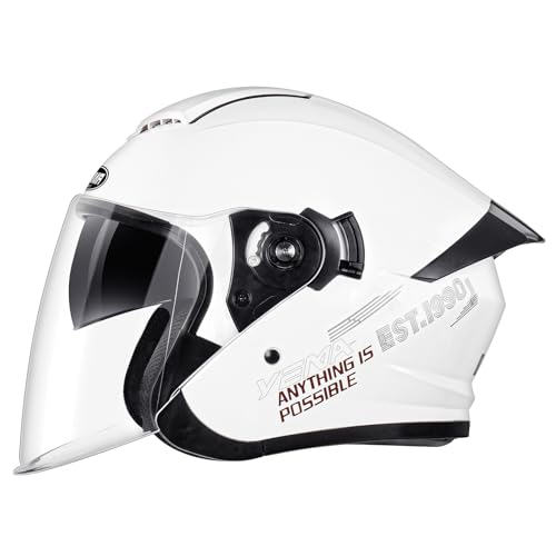 YEMA 3/4 Open Face Motorcycle Helmet DOT Approved - Dual Visor, Quick Release Buckle, Adult Motorbike Helmets for Men & Women, Moped Scooter Street Bike Helmet YM-650, White, M