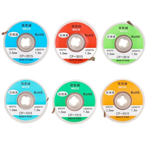 Yxvyxymyxxg Solder Wick, 6-Piece Desoldering Braid Set (1.0-3.5mm, 1.5m Length) - Low-Residue No-Clean Solder Remover Tool for Electronics Repair