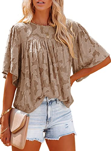 Dokotoo Top Fluide Chemisier Femme Casual Chemise Classique Manches Courtes 3/4 Tunique Vintage Blouse Chic Haut Élégant Grande Taille Printemps Automne XXL(50-52) Brun Cover