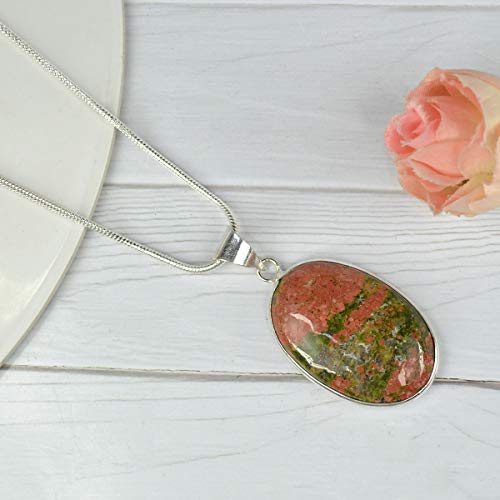 Image of Reiki Crystal Products AAA Unakite Pendant Natural Crystal Stone Pendant /Locket with Metal Chain Oval Shape for Reiki Healing and Crystal Healing Gemstone for Unisex (Color : Green)