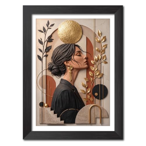 Image of TenorArts Lady Boho Art 3D Clay Textured Digital Art Print Photo Frame, Modern Art Painting For Bedroom Living Room Home and Cafe Decor | Minimal Drawing Black Framed Posters for Decoration (9x12 inches) [CL-A07]