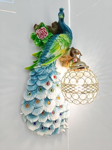 Image of swanart Decorative Plumora Peacock Wall Light with Crystal Lamp - 46 cm Artistic LED Wall Mount Light, Vibrant Colors & Gold Accents for Bedroom, Living Room, and Hallways - 3D Handcrafted Design