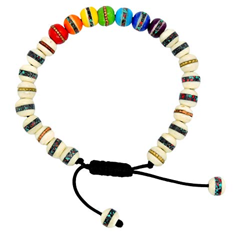 Hands Of Tibet Handmade Tibetan Prayer Mala Embedded Medicine Bracelet Yoga Healing Beads Adjustable Wrist Mala For Meditation Many Color Choices (Seven Chakra and White)