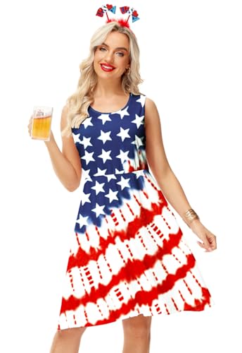 Image of Deerose 4th of July Dress for Women Sleeveless American Flag Patriotic Elastic High Waist Sundress