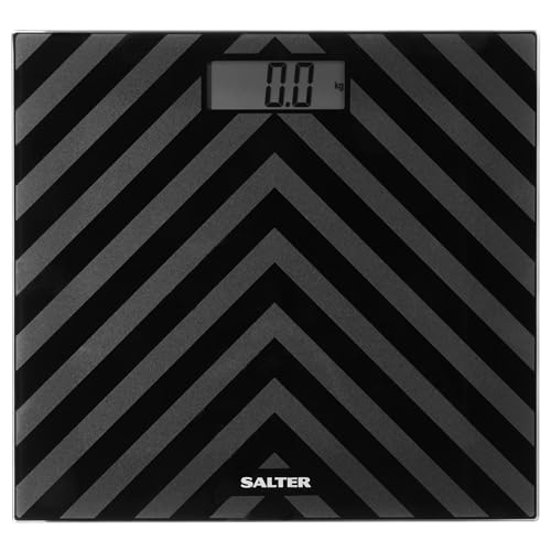 Salter SA00287 BAFEU16 Digital Bathroom Scale - 180kg Capacity, Large Tempered Glass Platform, Easy Read LCD Display, Chevron Design, Step On Instant Weight Reading, Battery & Carpet Feet Included