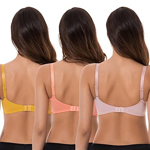 Curve Muse 3 Pack Plus Size Unlined Semi-Sheer Balconette Underwire Lace Bra-Peach,Gold,Pink-46B-V2 #TOP1