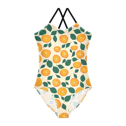 Girls Swimsuit Pattern of Orange and Leaves One Piece Swimwear