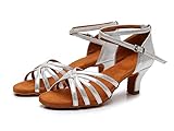Rosefinch Women's Latin Dance Shoes Satin Professional Ballroom Salsa Practice Performance Wedding Dancing Shoes，Dance High Heels for Women Silver（2 inch Heel）