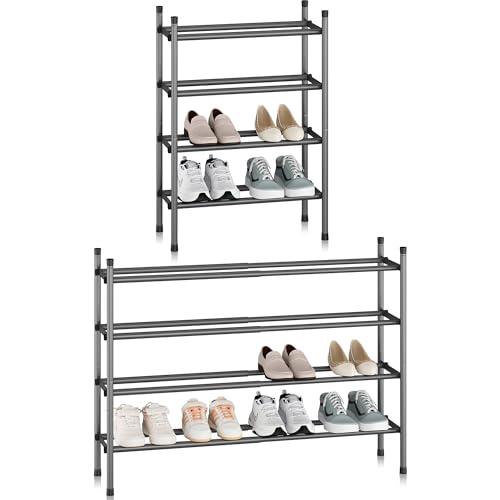 STORAGE MANIAC Expandable Shoe Rack, Stackable Shoe Rack for Closet, Small Shoe Rack Organizer for Entryway, Adjustable Shoe Rack for Garage, Shoe Rack for Front Door, Metal Shoe Rack, Black 4 Tier