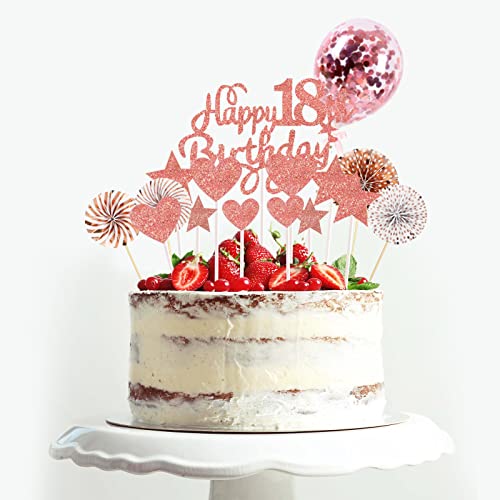 NeuWee Decoration Gateau Anniversaire, 16 pièces Joyeux Anniversaire Cake Topper, Decor Gateau Happy Birthday Coeurs Étoiles pour Fête Anniversaire Fille Garcon (18 ans, Or Rose) Cover