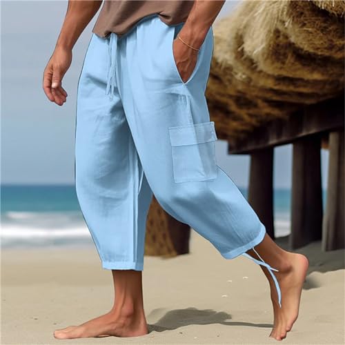 Mens 3/4 Pants Loose Elastic Waisted Lightweight Lounge Pant Drawstring Beach Summer Yoga Hippie Capri Slacks Pockets2