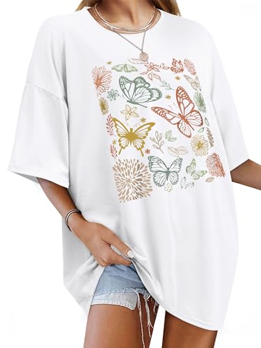Image of WIEIYM Women Oversized T Shirts Ladies Baggy T Shirt Butterfly Flower Graphic Tee Boho Nature Style Summer Short Sleeve Tops Loose Tunic Blouse White