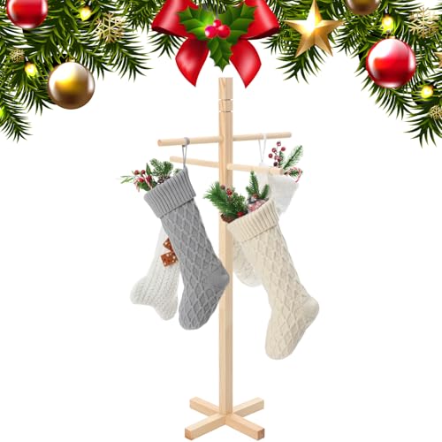 Cinnvoice Christmas Stocking Holder Stand Freestanding Wooden Stocking Holder Stand with 4 Hooks, Christmas Stock Hanger Rack for Floor Natural Xmas Holiday Home