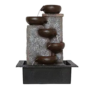 Ancient Polyresin Table Top Designer Indoor 5 Artistic Steps Water Fountain for Living Room Home Decor with Yellow LED & Speed Controller Pump (Size: 40 x 29.5 x 22 CM | Color: Grey & Chocolate)