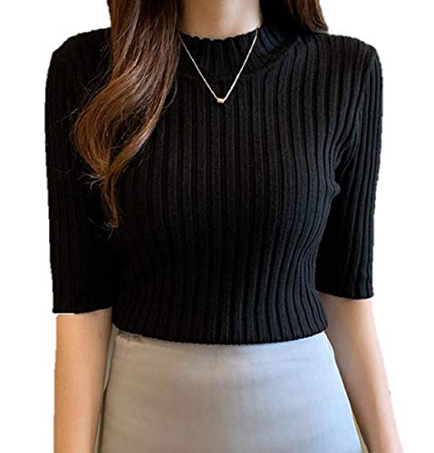 [プレメモ]レディース ニット セーター トップス カットソー 5分丈 ハイネック タートルネック リブ おしゃれ かわいい 無地 シンプル フェミニン ニットソー 五分袖 ルーム ウェア モックネック サマーセーター 半袖 ハーフスリーブ カジュアル 部屋着 オフィス 秋 冬 リブニット 上品 (ブラック)