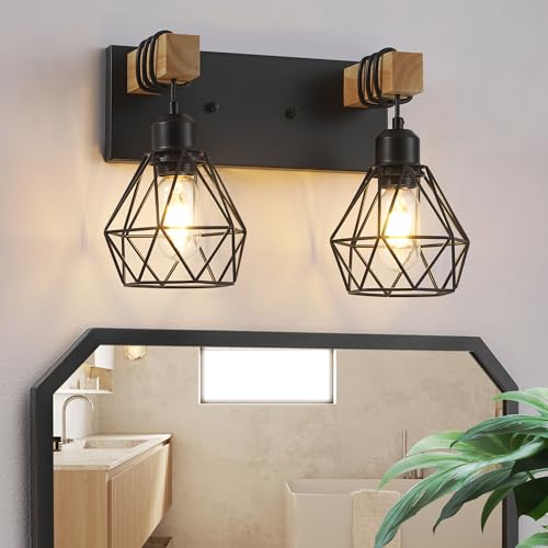 Farmhouse Bathroom Vanity Light Fixtures, 3-Light Wood Bathroom...