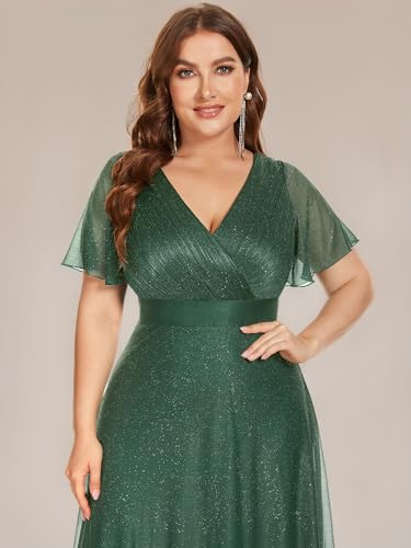 Image of Ever-Pretty Plus Women's Glitter Formal Dress Evening Gown for Gala V-Neck Short Sleeve Floor Length Plus Size Prom Dresses