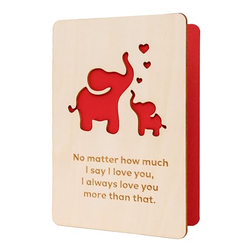 NELXI Happy mothers day card, wooden mothers day card, i love you mom gifts, bonus mom gifts, cards for mama grandma aunt wife stepmom, meaningful handmade elephant keepsake gift from daughter son