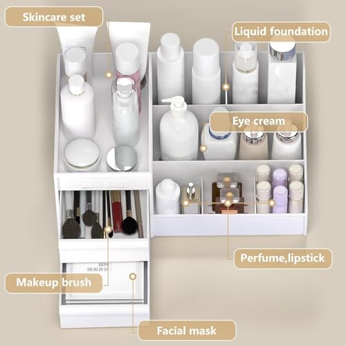 Image of INOVERA Makeup Organizer with Drawers | Countertop Cosmetics Display Case for Dressing Table | Vanity storage Holder Box (White)