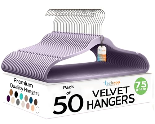 Image of Techzoo Premium Velvet Hangers 50 Pack Ultra Thin Non Slip Adult Felt Space Saving Suit Hanger for Closet Heavy Duty Coat Pants Jackets Dress Hangers 360 Swivel Hook Hold Upto 10 lbs Purple Hangers