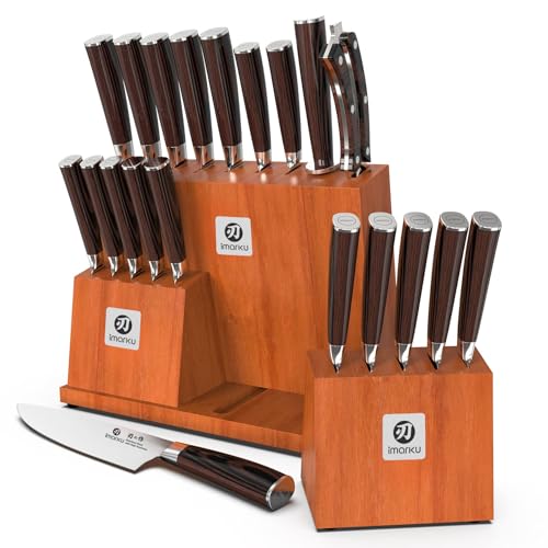 imarku Knife Set, 20-Pieces Premium Kitchen Knife, Japanese High Carbon Steel Knife Set with Block and 2 Pull-away Steak Knife Block Set, Best Gifts Brown and Silver