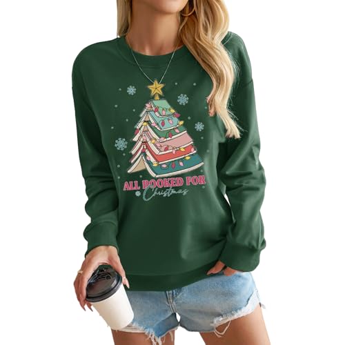 Christmas Sweatshirts for Women Cute Tree Graphic Book Sweatshirt All Booked Long Sleeve Shirt Librarian Pullover