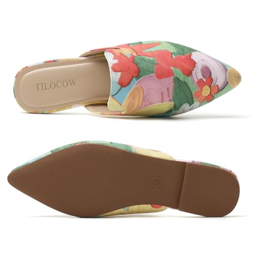 Image of Tilocow Women's Pointed Toe Flat Mules Backless Slip On Loafers