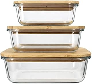 HOCHSTE Glass Food Storage Container Bamboo Lids Set of 3 Sizes Leak-Proof, Airtight, Eco-Friendly, BPA Free, Oven & Freezer Safe Glass Bowls for Meal Prep, Baking & Lunch Clear 3 Pcs - Hortense