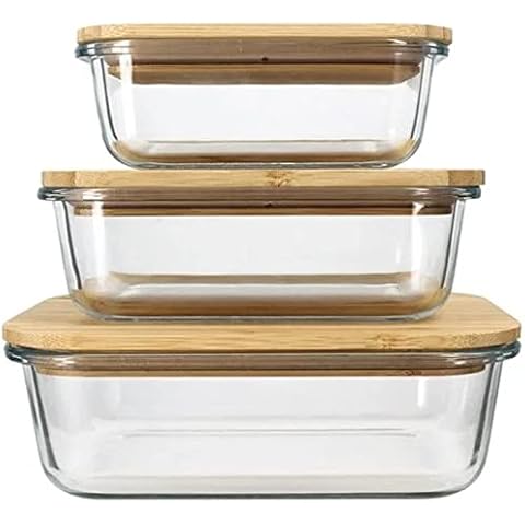 HOCHSTE Glass Food Storage Container Bamboo Lids Set of 3 Sizes Leak-Proof, Airtight, Eco-Friendly, BPA Free, Oven & Freezer Safe Glass Bowls for Meal Prep, Baking & Lunch Clear 3 Pcs - Hortense Cover
