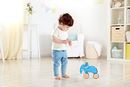Image of Hape: Pull Along - Elephant - Blue - Wooden Animal Toy, Rubber Rimmed Wheels, Encourages Walking, Push & String Pull, Kids, Baby & Toddler, Age 12 mo+
