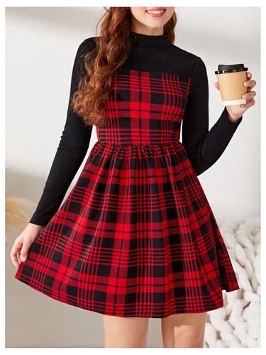 SweatyRocks Girl's Tartan Plaid Dress Long Sleeve High Waisted A Line Flared Short Dresses3