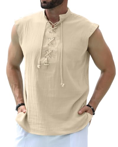 YAOBAOLE Chemise en Lin Homme sans Manches Costume Medieval Chemise Pirate Deguisement Viking Kaki XL