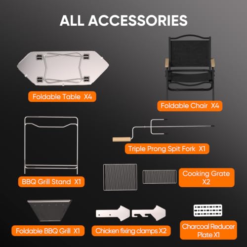 Image of Multi-Functional Wood Burning Stainless Steel Fire Pit,Modular Patio Charcoal Grill Table and Chair Set,Portable Camping Fold Campfire Grill with Rotisserie Spit