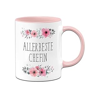 Tassenbrennerei Original – Tasse mit Spruch Allerbeste Chefin mit Blümchen als Geschenk zum Dank, Abschied (Rosa, Chefin…